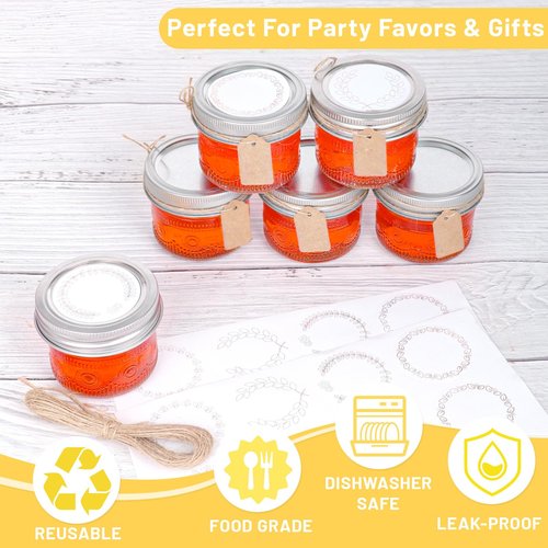 4 oz Glass Mason Jars with 18/8 Stainless Steel Lids, 8-Pack Small Canning Jars with Embossed Pattern, Mini Glass jars for Jams, Jelly, Honey, Spices, Desserts, Wedding Favors and Gift Packaging