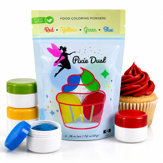 Dye-Free Food Coloring Powder set - Red, Blue, Green and Yellow. | Perfect for cake decorating, cookie frosting, icing & drinks | Plant-Based, All-Natural, Kosher, Flavorless | No Carmine, No Annatto, No Propylene Glycol | By PIXIE DUST | Large .35 oz Eac