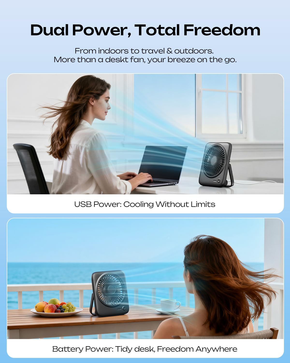 Otlonpe Portable Desk Fan - 4000mAh Rechargeable & USB Powered | Quiet 4-Speed, 6.5 Inch (Black)