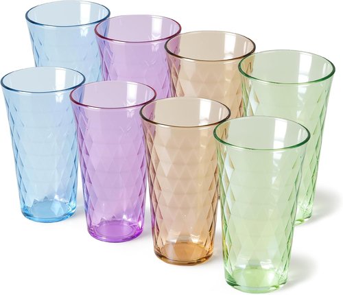 Freshmage 20 oz Unbreakable Drinking Glasses - Set of 8 Jewel Tone Reusable Tumblers | BPA-Free, Stackable, Microwave Safe
