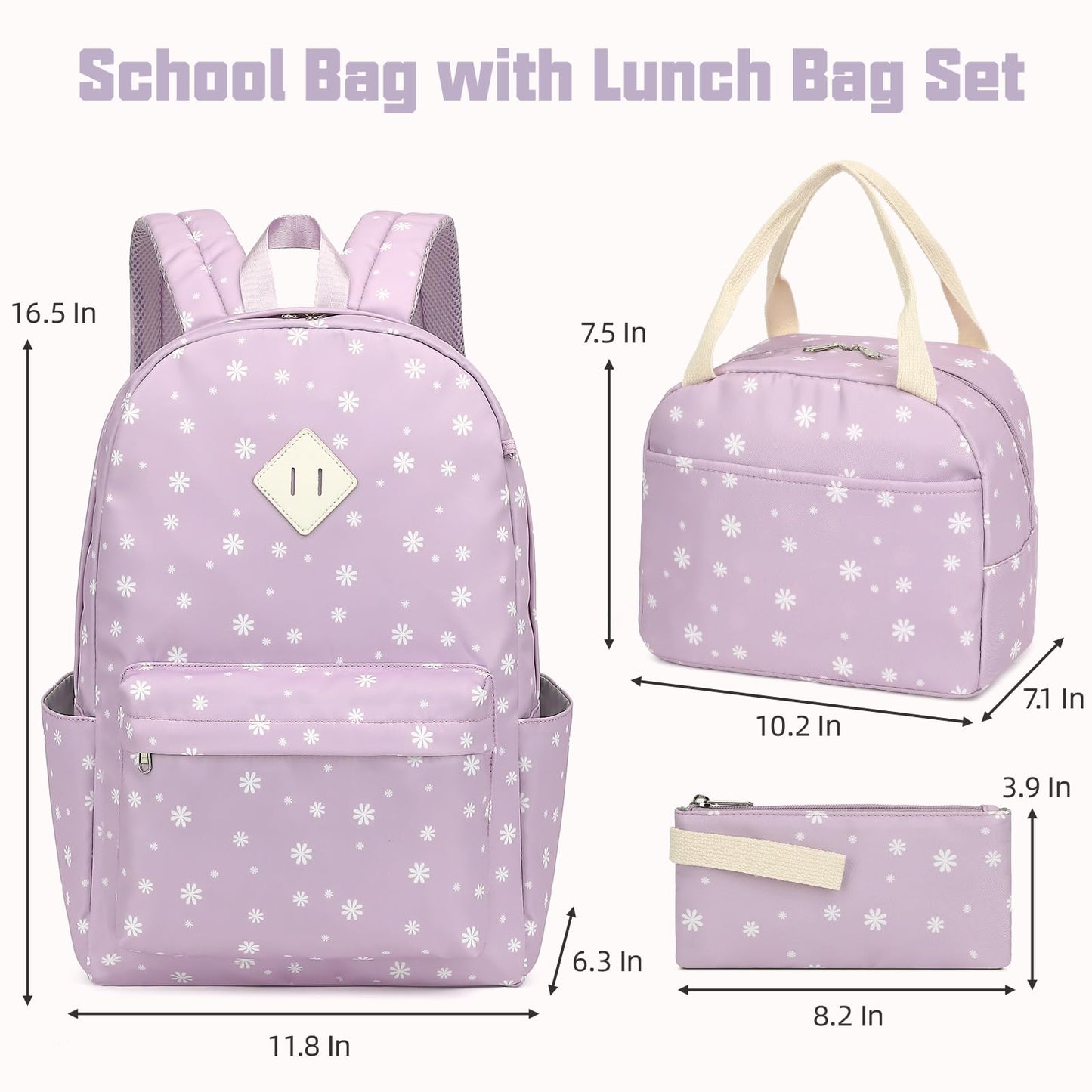 Flowers School Backpack for Girls, 3PCS Bookbags Set with Lunch Box Pencil Pouch Elementary Middle School Bag Laptop Back Packs (Daisy Purple)