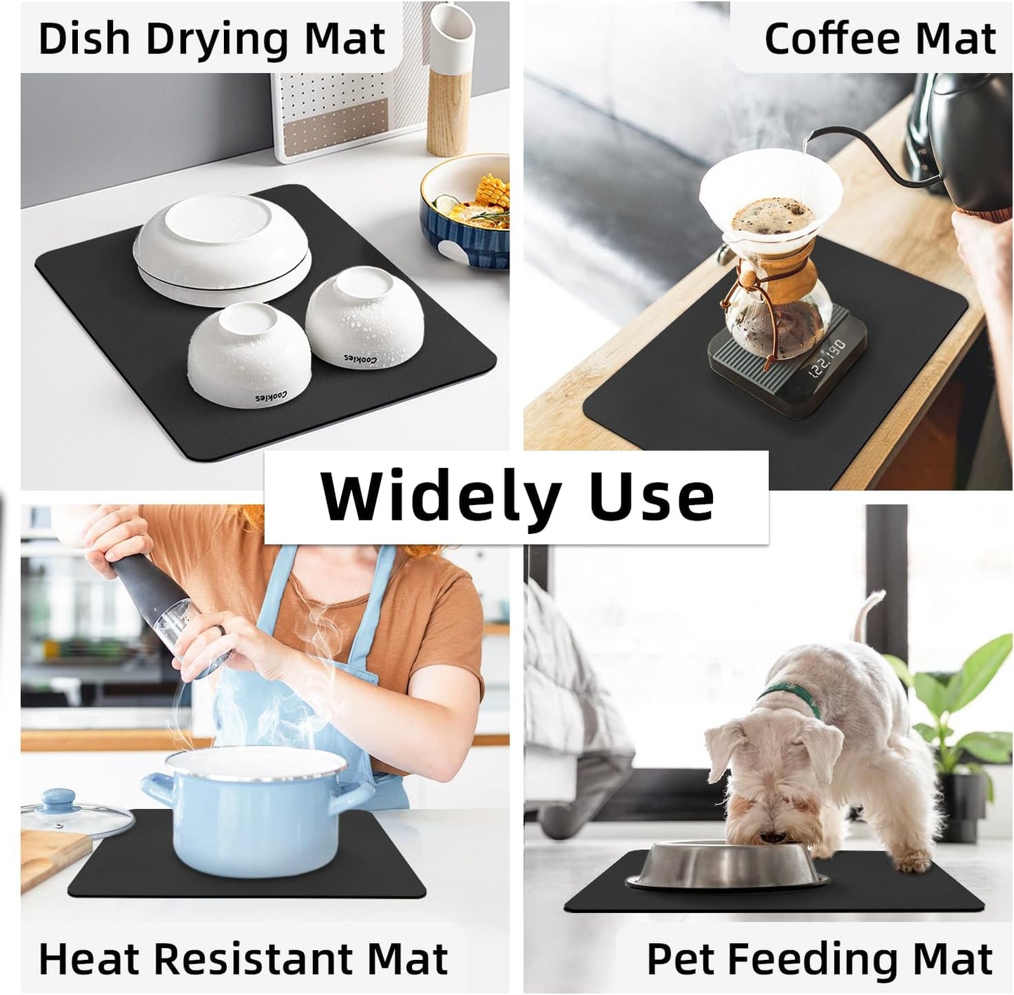 LOPNUR Dish Drying Mat - Super Absorbent Diatomite Kitchen Counter Pad | 18"x16" Black, Heat Resistant