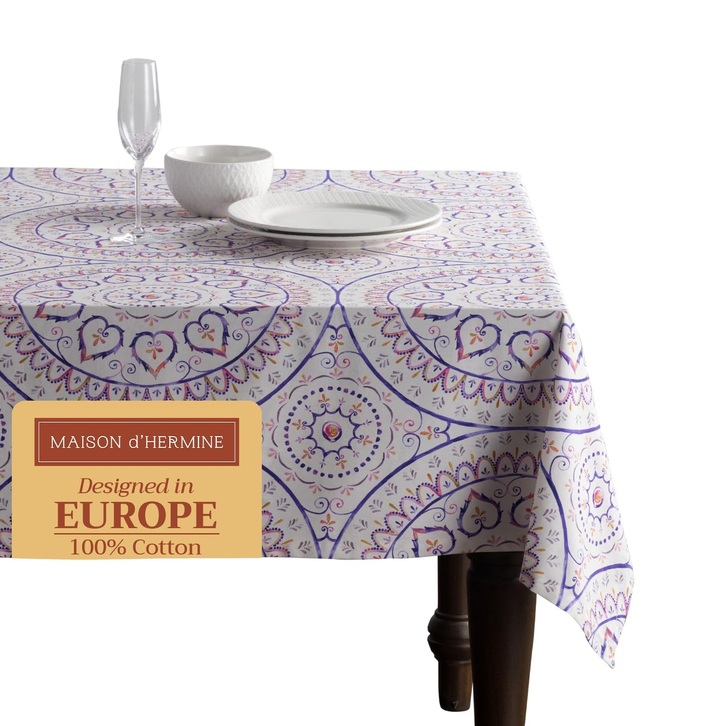 Maison d' Hermine Table Cloth Round Table 100% Cotton 63 Round Inches Tablecloth Reusable Decorative for Dining Kitchen Room Farmhouse Home Gifts for Mothers Day Spring Summer - Mandala