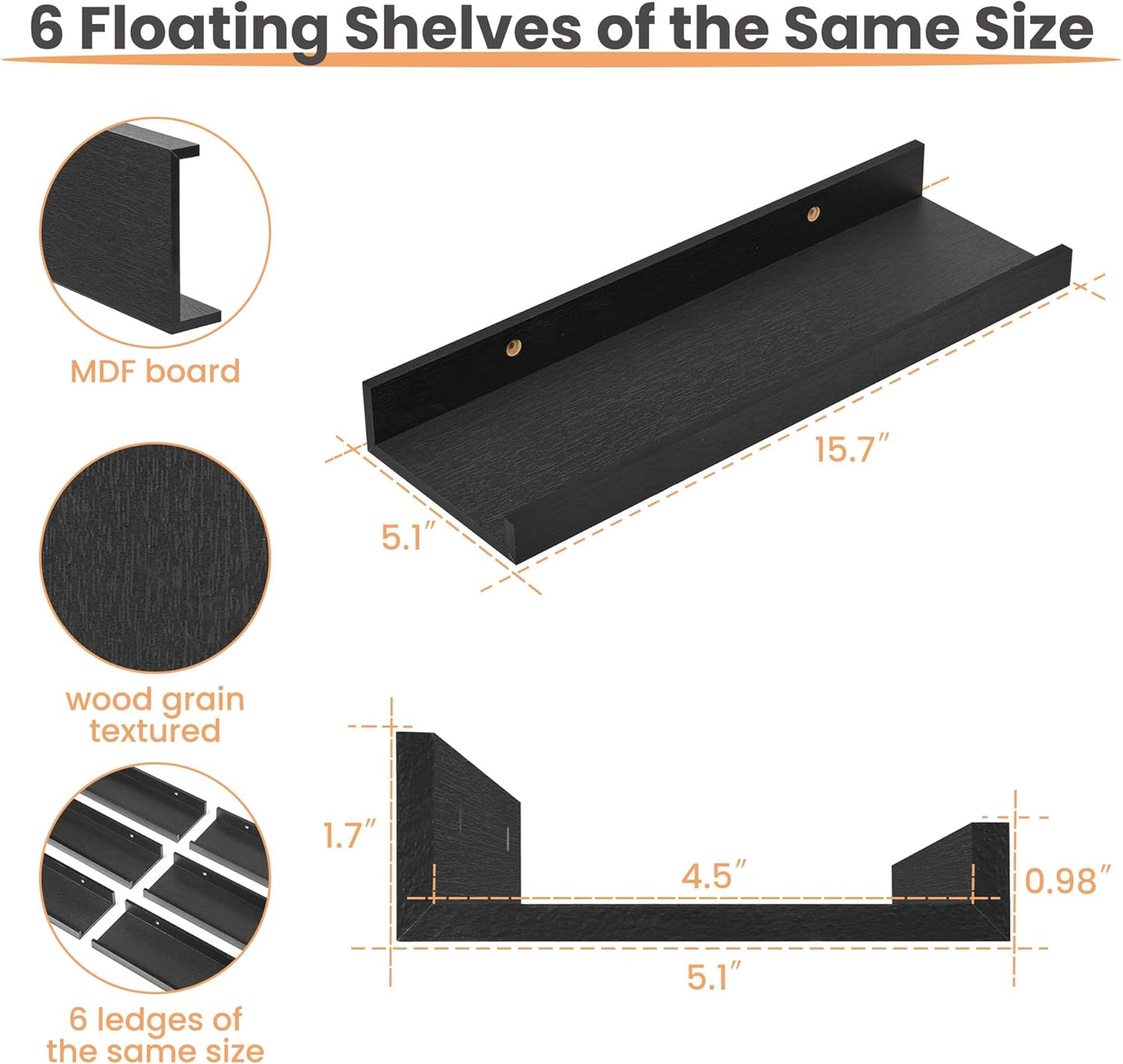Upsimples Floating Wall Shelves - Set of 6 Decorative Wood Shelves for Bedroom, Living Room, Bathroom, Kitchen | Black