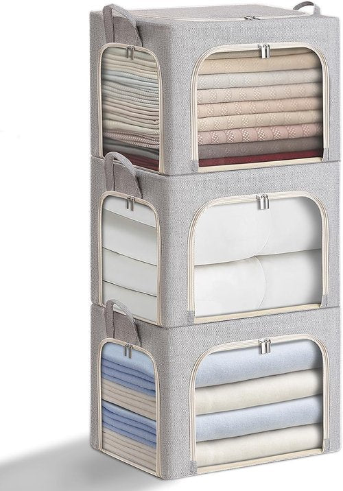 Combocube Clothes Storage Bins - Stackable & Foldable with 3-Side Zippered Openings | Linen Fabric, Large Clear Window, 3 Pack