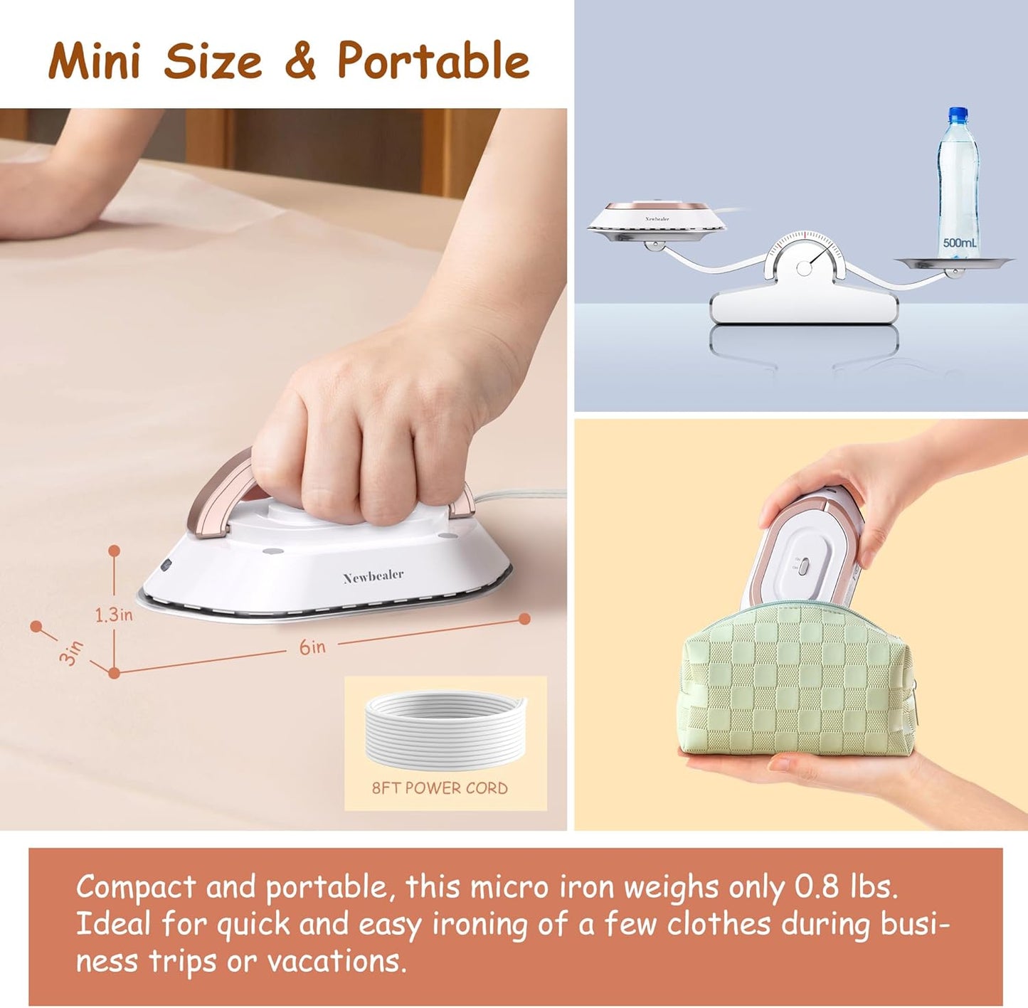 Newbealer Mini Travel Iron NB301 - Gold Portable Wrinkle Remover with 2-Pack Zipper Storage Pouches & Waterproof Organizer Set