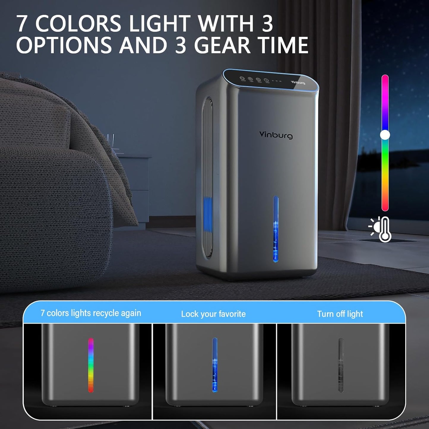 Skiennix Dehumidifier - Quiet 1000 Sq.Ft. Home Unit with Auto Shut Off & Aromatherapy | 7-Color LED Light