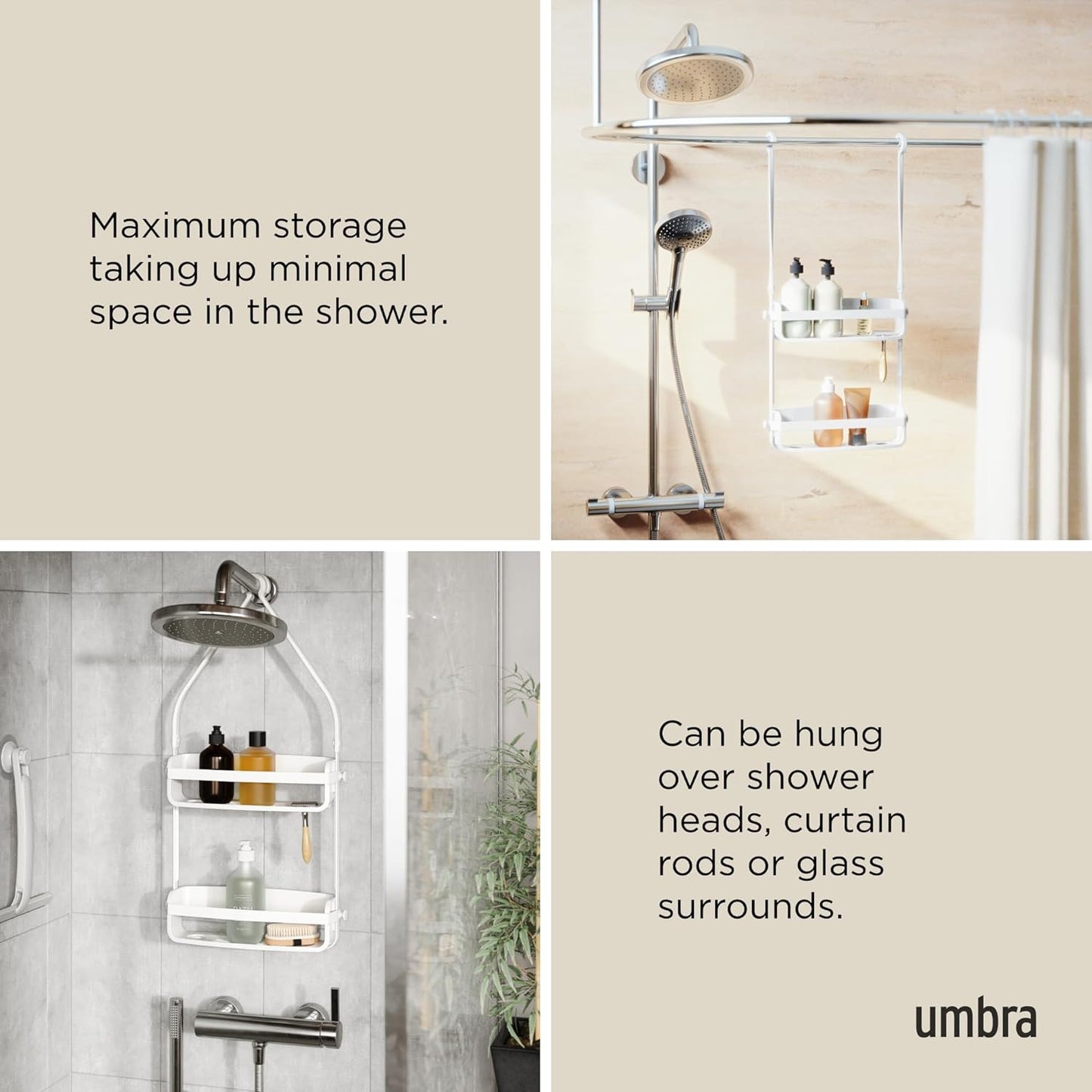 Umbra Flex Hanging Shower Caddy - 2-Tier Bathroom Organizer with Bathtub Shelf | White