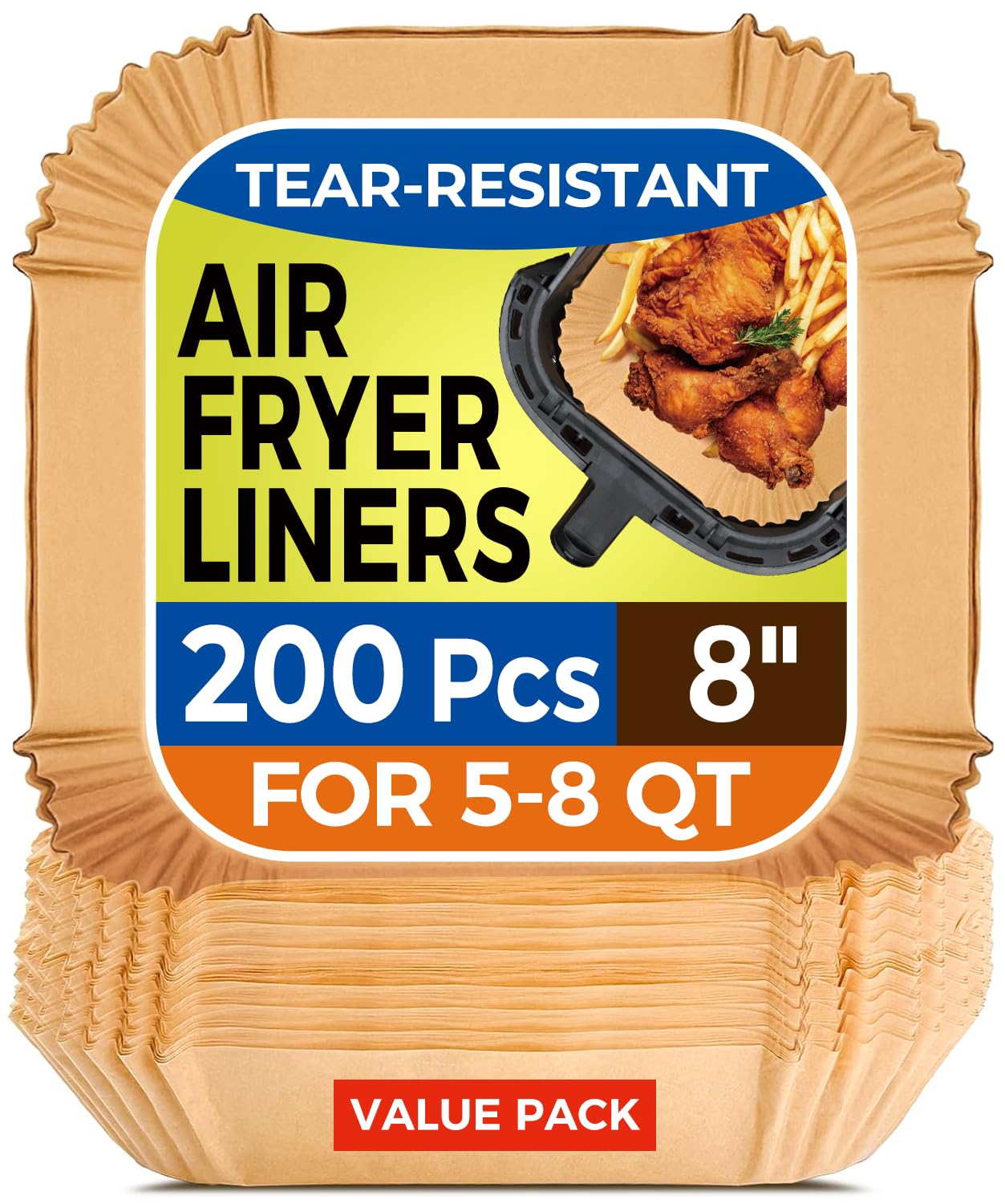 Air Fryer Paper Liners, 200pcs Air Fryer Liners Disposable, 8" Square Baking Paper Liner for 5-8 qt Airfryer Basket, Non-stick and Oil Proof Parchment Paper for Oven, Pans & Baking