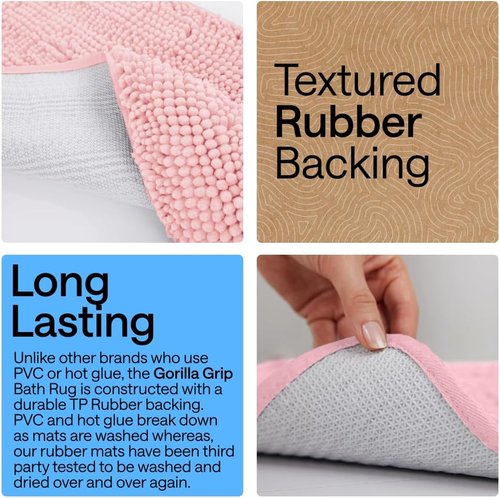 GORILLA GRIP Bath Rug Mat - Thick Soft Absorbent Chenille | Quick Dry Microfiber, 24x17 Light Pink