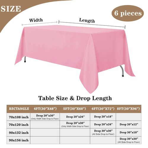 Fitable Pink Rectangle Tablecloths for 6 Foot Tables, 6 Pack - 70 x 108 Inches - Stain Resistant and Washable Table Clothes, Polyester Fabric Table Covers for Wedding, Party, Banquet, Buffect