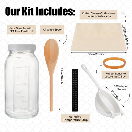 Honeydak 8 Pcs Complete Kefir Starter Kit Kombucha Fermenter Kit Half Gallon 64oz Mason Jar Wide Mouth with Plastic Storage Lid Nylon Mesh Strainer Cotton Cloth Cover and Wood Spoon