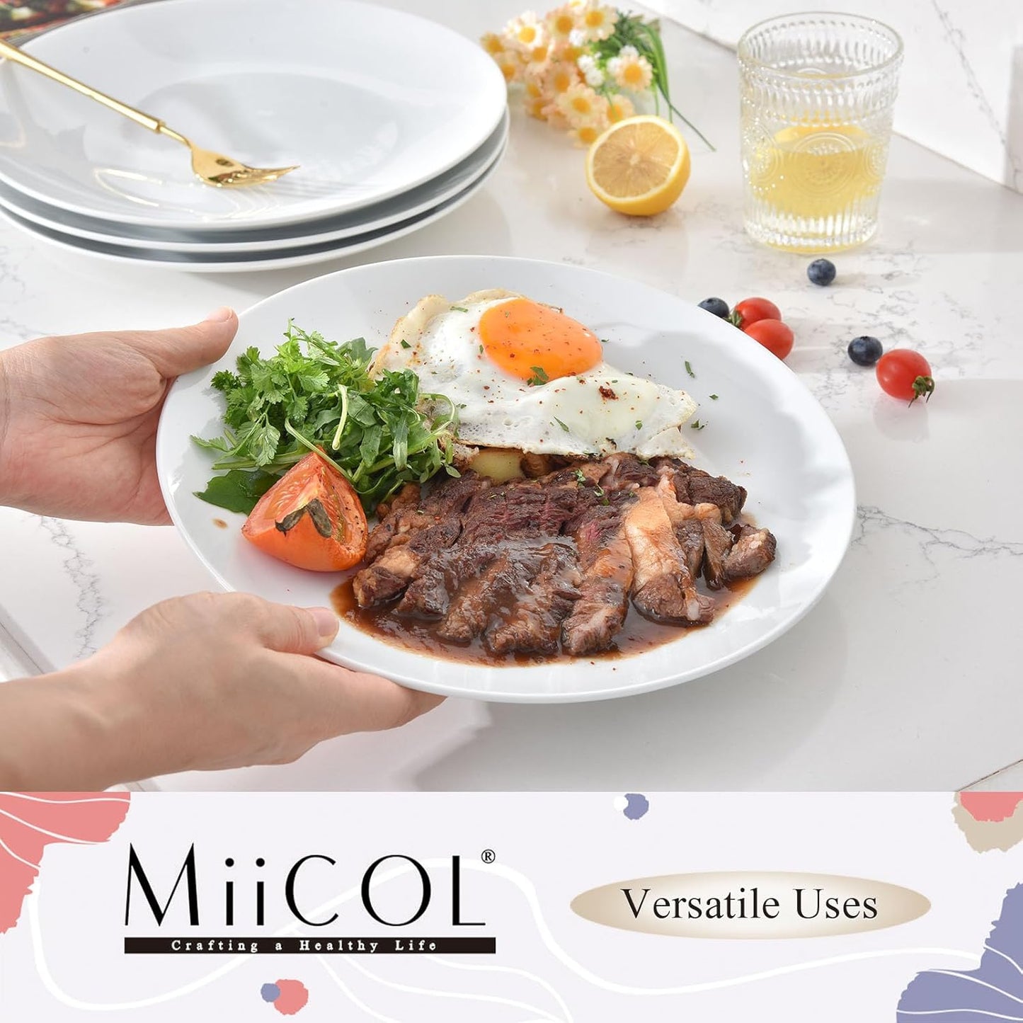 Miicol Ceramic Dinner Plates - Set of 4 Large 10.5-Inch White Porcelain Dishes | Microwave & Dishwasher Safe