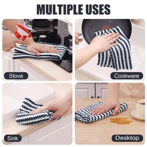 Homaxy Kitchen Towels(12 Pack, 10 x 20 inches), Ultra Soft and Absorbent Dish Towels, Reusable Fast Drying Microfiber Cleaning Cloth, Coral Velvet Wave Design No-lint, Dark Grey