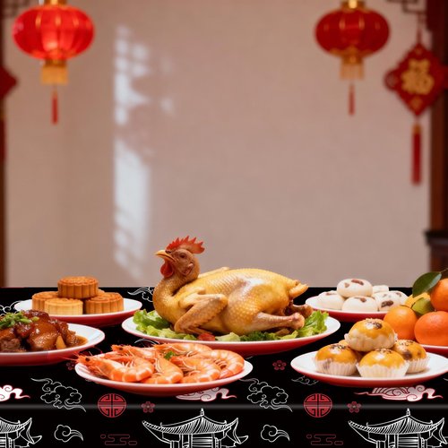 3-Piece 54 × 108 Inch Hibachi Plastic Tablecloth – Black and Red Oriental Disposable Rectangle Table Cover for Chinese New Year, Lunar New Year Party, Asian Festival, and Cultural Celebrations
