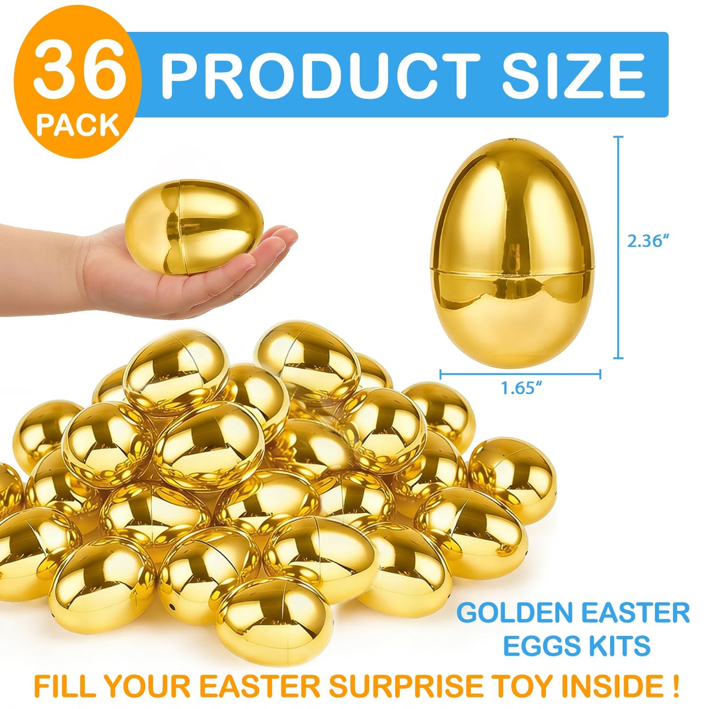 TURNMEON 36PCS Plastic Golden Easter Eggs, 2.36" Fillable Empty Gold Easter Eggs Bulk for Easter Basket Stuffers Fillers, Fillling Candy Treats Toys Eggs Hunt Classroom Prize Supplies and Party Favors