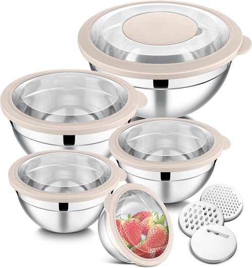 E-far Stainless Steel Mixing Bowls Set of 5 - Nesting Bowls with Transparent Lids & 3 Graters | Khaki