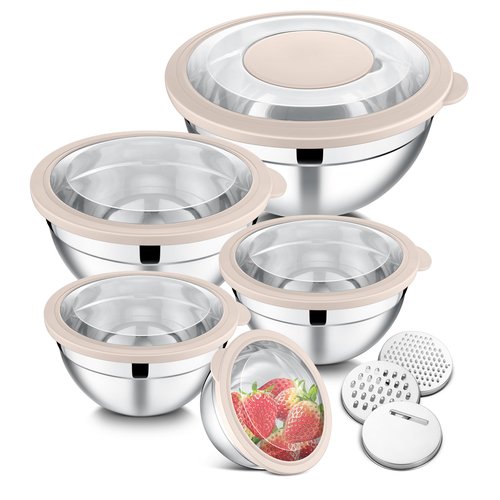E-far Mixing Bowls Set of 5, Stainless Steel Salad Mixing Bowl with Transparent Lid, Metal Nesting Bowl Attach with 3 Graters for Kitchen Prepping/Serving/Baking/Storage, 4.6/2.6/1.5/1/0.7 QT - Khaki