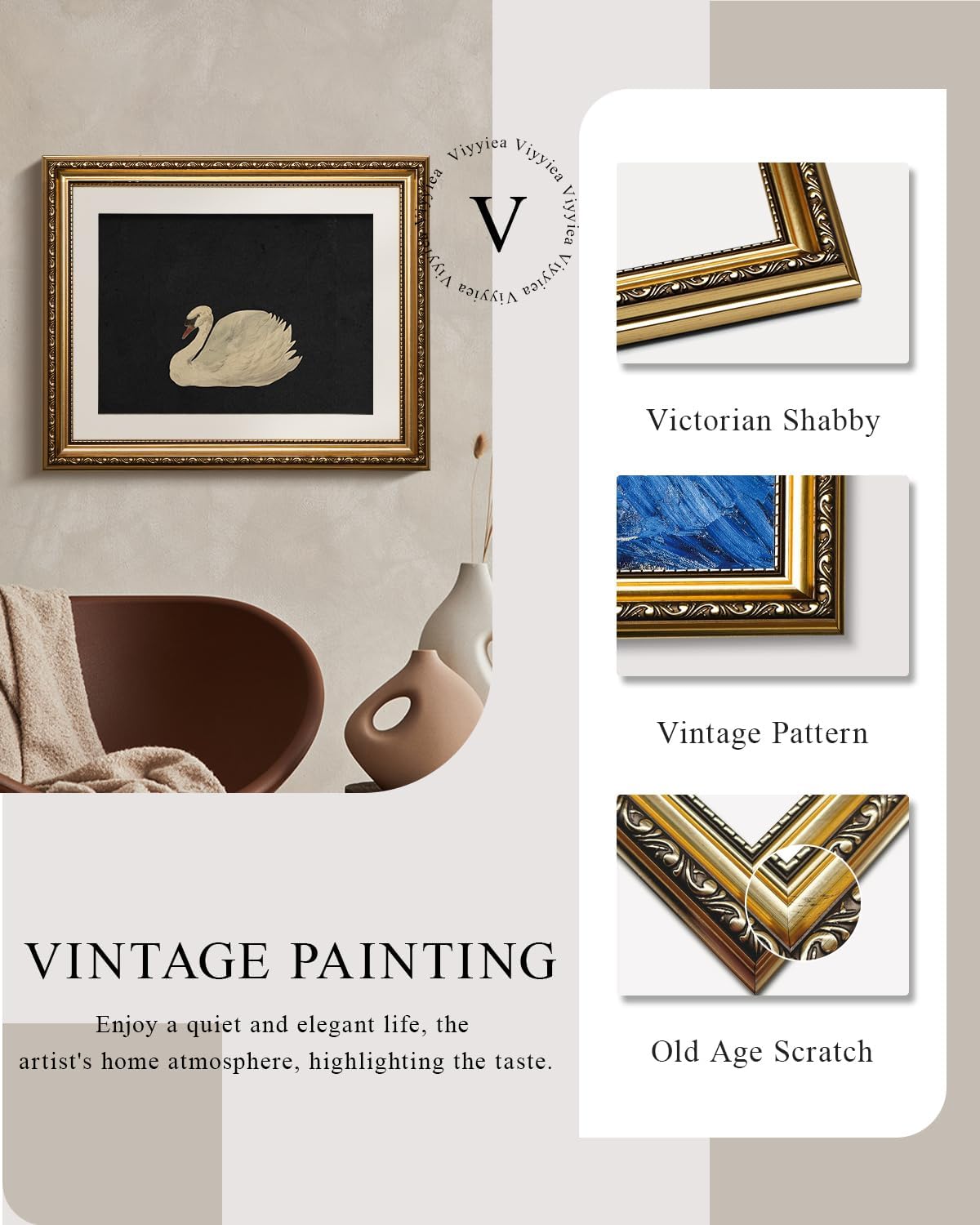 VIYYIEA Gold Framed Canvas Wall Art - Elegant Home Decor in Black, 13x16 Inches