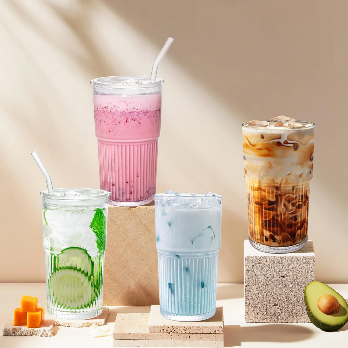 Luiaiog 18.5oz Glass Cups with Lids and Straws - Set of 2 Reusable Tumblers, Thickened Shatter-Resistant Glass, Ideal for Iced Coffee, Smoothies, Cocktails, Juices - Elegant & Durable Drinkware