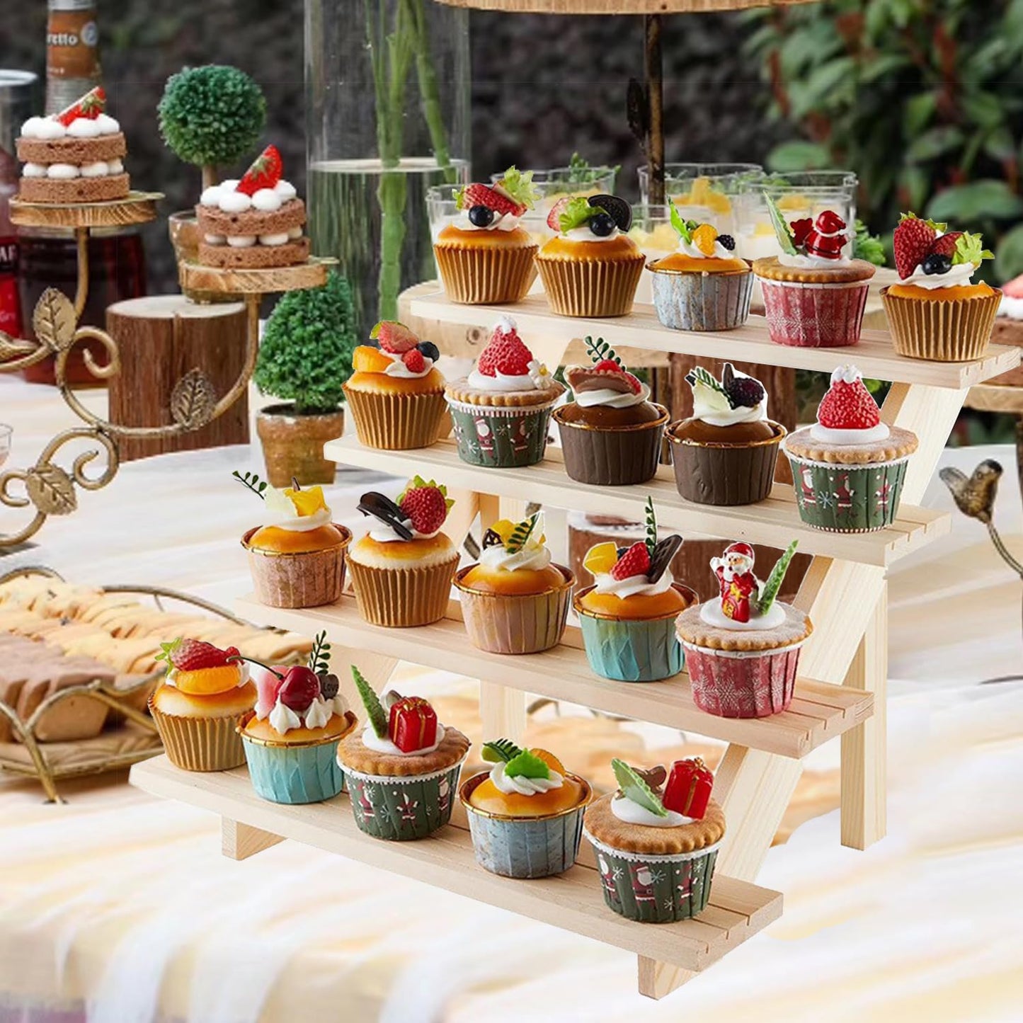 Halyuhn 4 Tier Cupcake Stand, 15” Wooden Cupcake Display Stand, Wood Spice Rack Organizer for Countertop, Wooden Rustic Display Stand for Business Card, Magazine, Poster and Farmers Market, 1Pcs