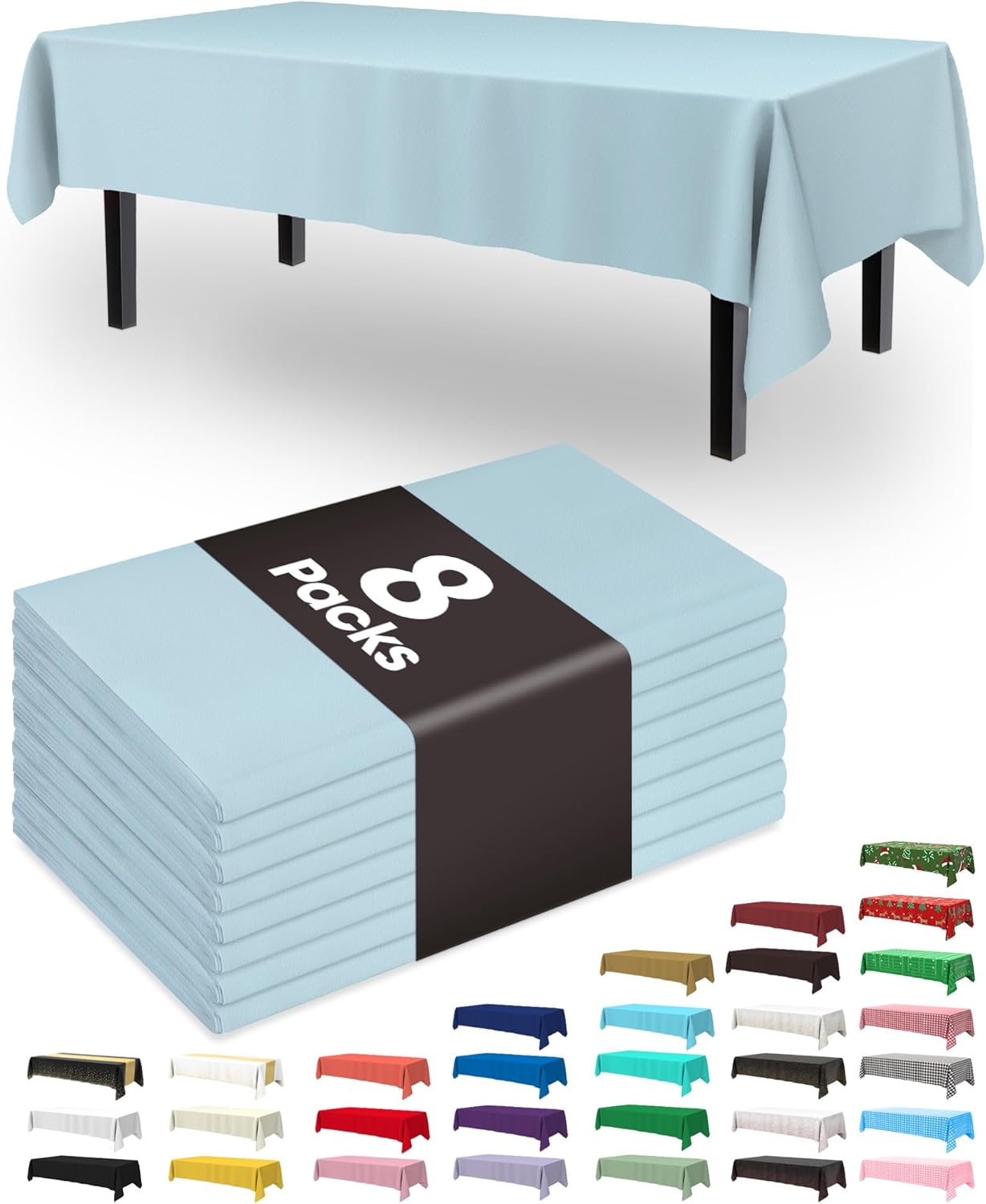 Pureegg Disposable Plastic Tablecloths - 8 Pack, Leakproof & Sturdy, 54 x 108 Inch, Baby Blue for Easter, Picnics & Weddings