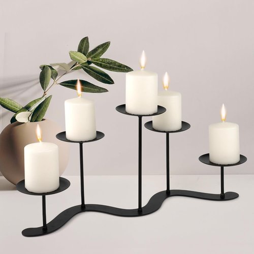 Black Iron Candelabra | 5 Arm Candle Holder Stand - Elegant Metal Centerpiece for Pillar Candles
