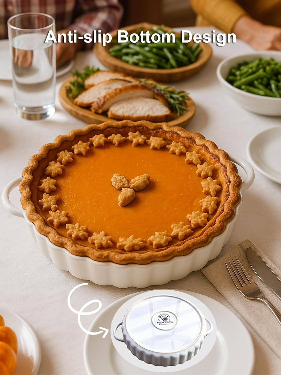 Skiennix Deep Ceramic Pie Pan - 10x2 Inch with Easy Grip Handles | Lead-Free, Oven & Microwave Safe for Baking
