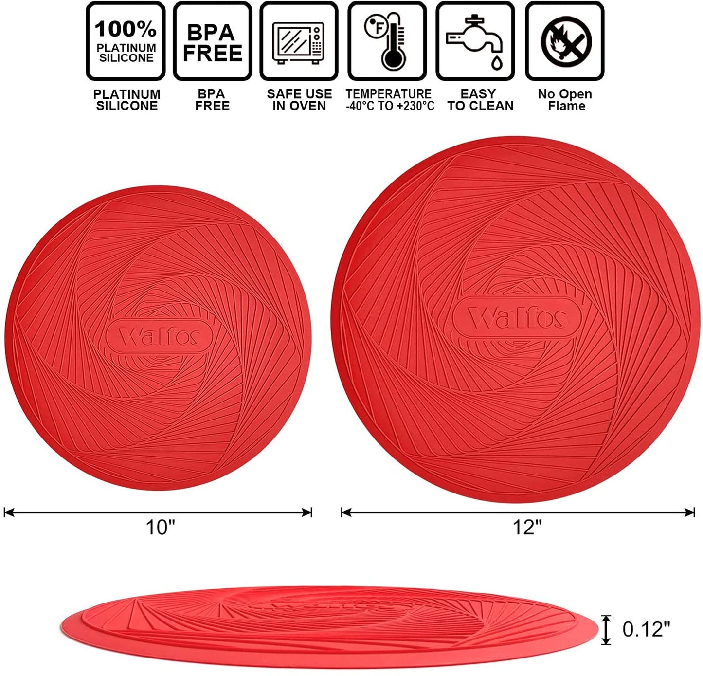 Walfos 12 10 Inch Silicone Microwave Mats, Microwave Splatter Cover for Food, Pot Holders for Kitchen, Non-Slip Heat Resistant Silicone Mats for Microwave, Oven, Hot Pan, Pot (Red)