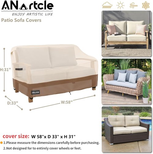 ANartcle Outdoor Couch Cover - 100% Waterproof Heavy Duty 2-Seater Loveseat Cover | 58"W x 32.5"D x 31"H - Beige & Brown