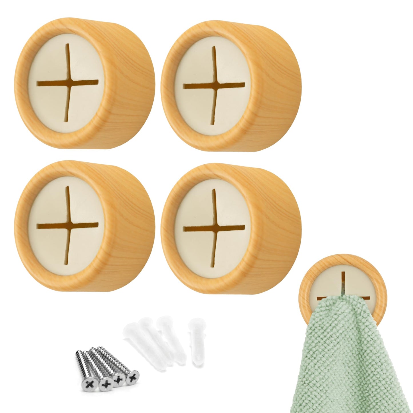 S&T INC. Round Adhesive Push Towel Hooks for Kitchen, Hand and Dish Towels, Plastic, Bamboo, 4 Pack