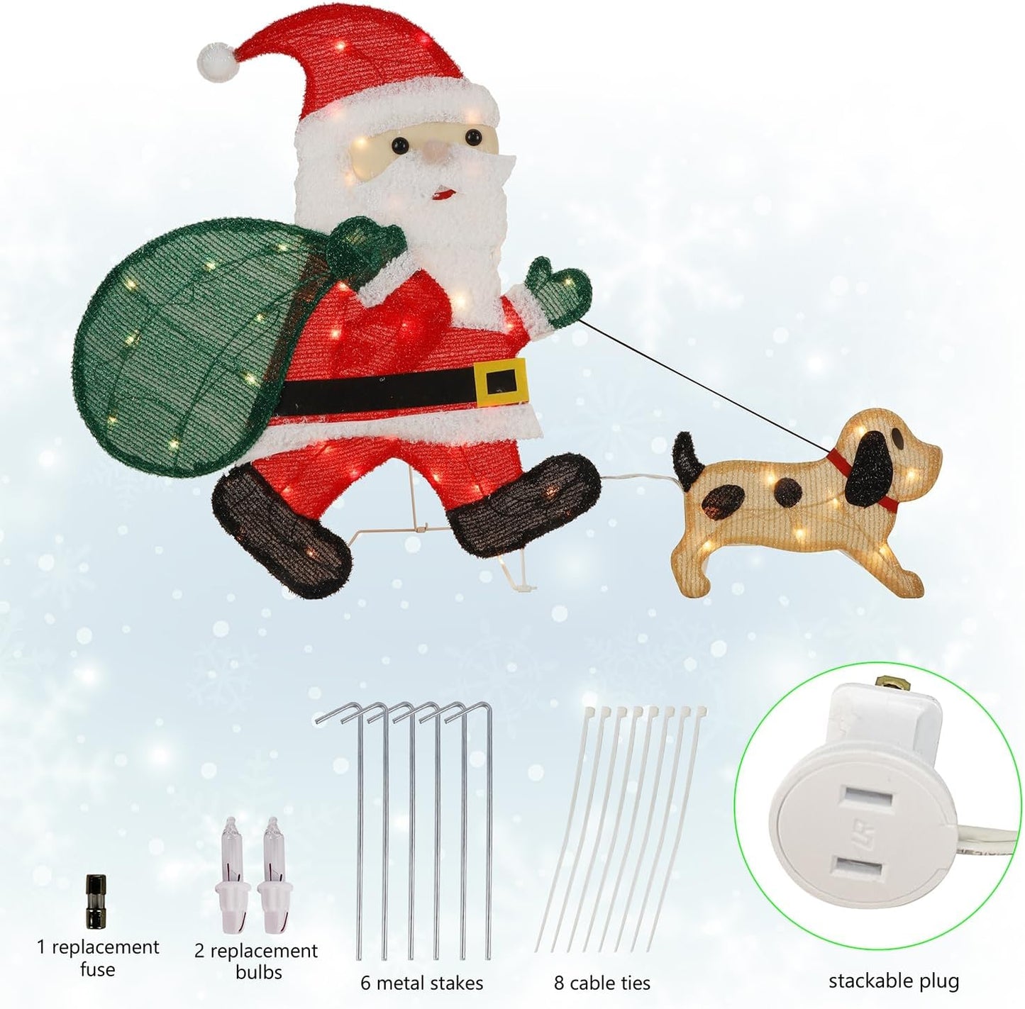 Waterglide Lighted Christmas Santa Claus - 26.5 Inch Pre-Lit Tinsel Decor with Puppy for Outdoor Holiday Display
