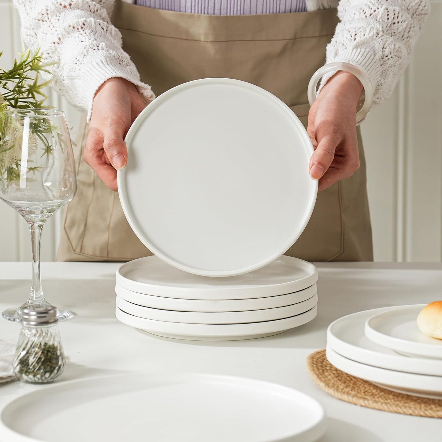 Skiennix 8-Inch Matte White Stoneware Plates - Set of 4, Microwave & Dishwasher Safe for Salads & Desserts