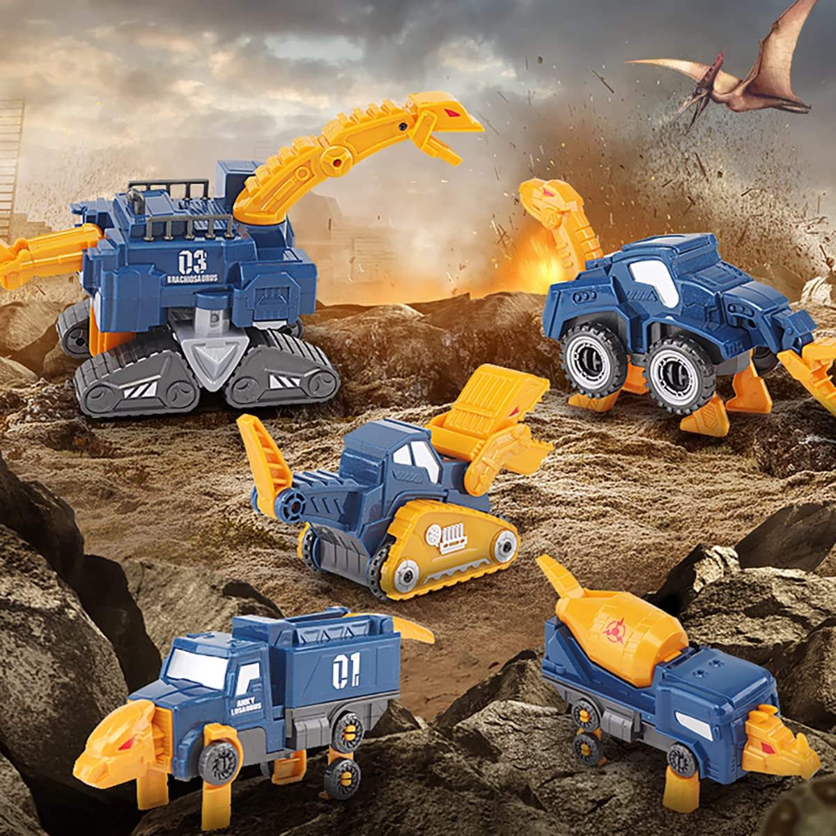 Skiennix Toddler Construction Car Transform Set - 5pcs Dinosaur Rescue Robots with Magnetic Connectors | DIY STEM Building Trucks for Kids Ages 3-7