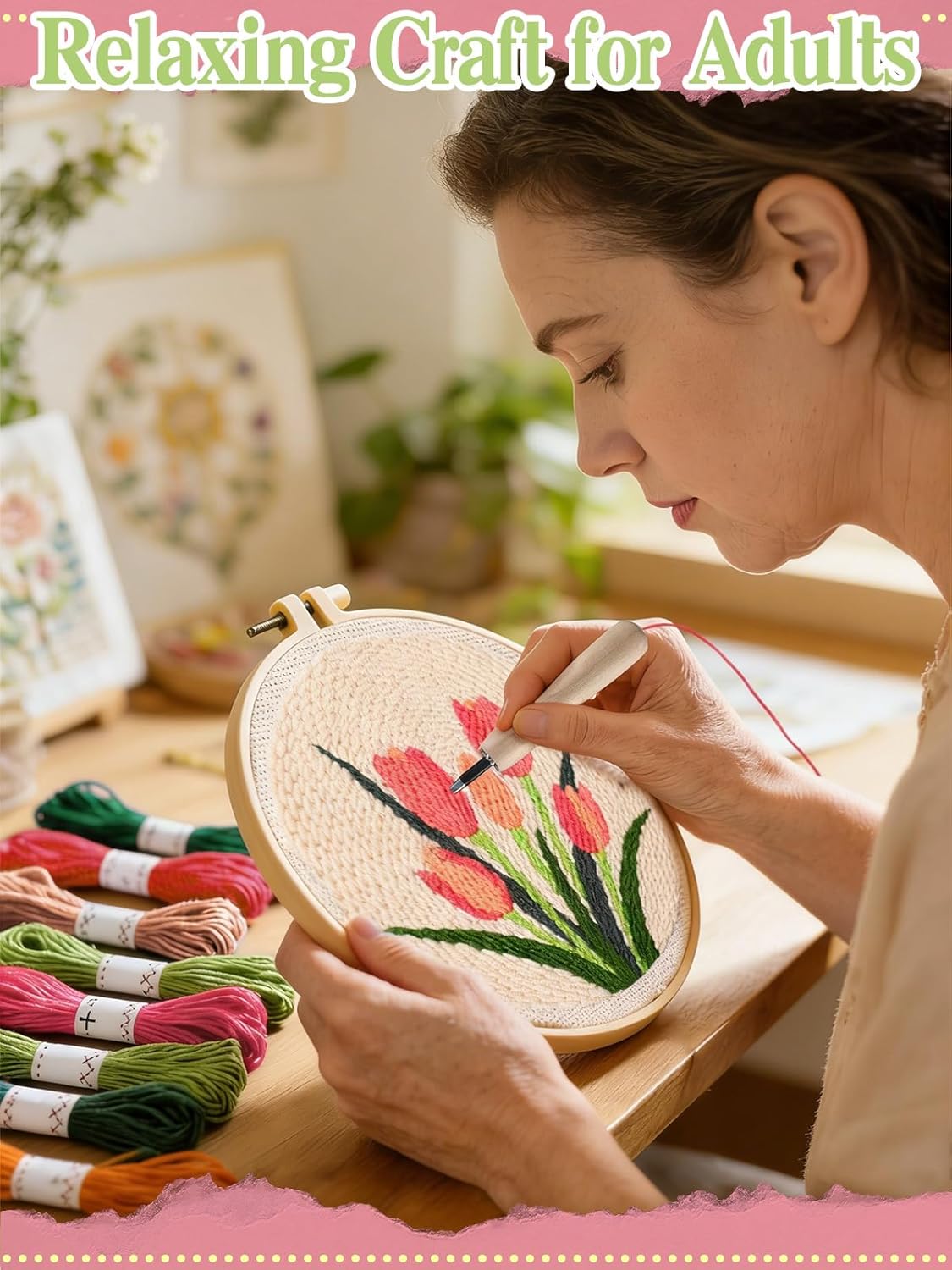 Tulip Punch Needle Kit for Beginners - Step-by-Step Guide & Video, Complete with Fabric, Hoop, Needle, and Yarns