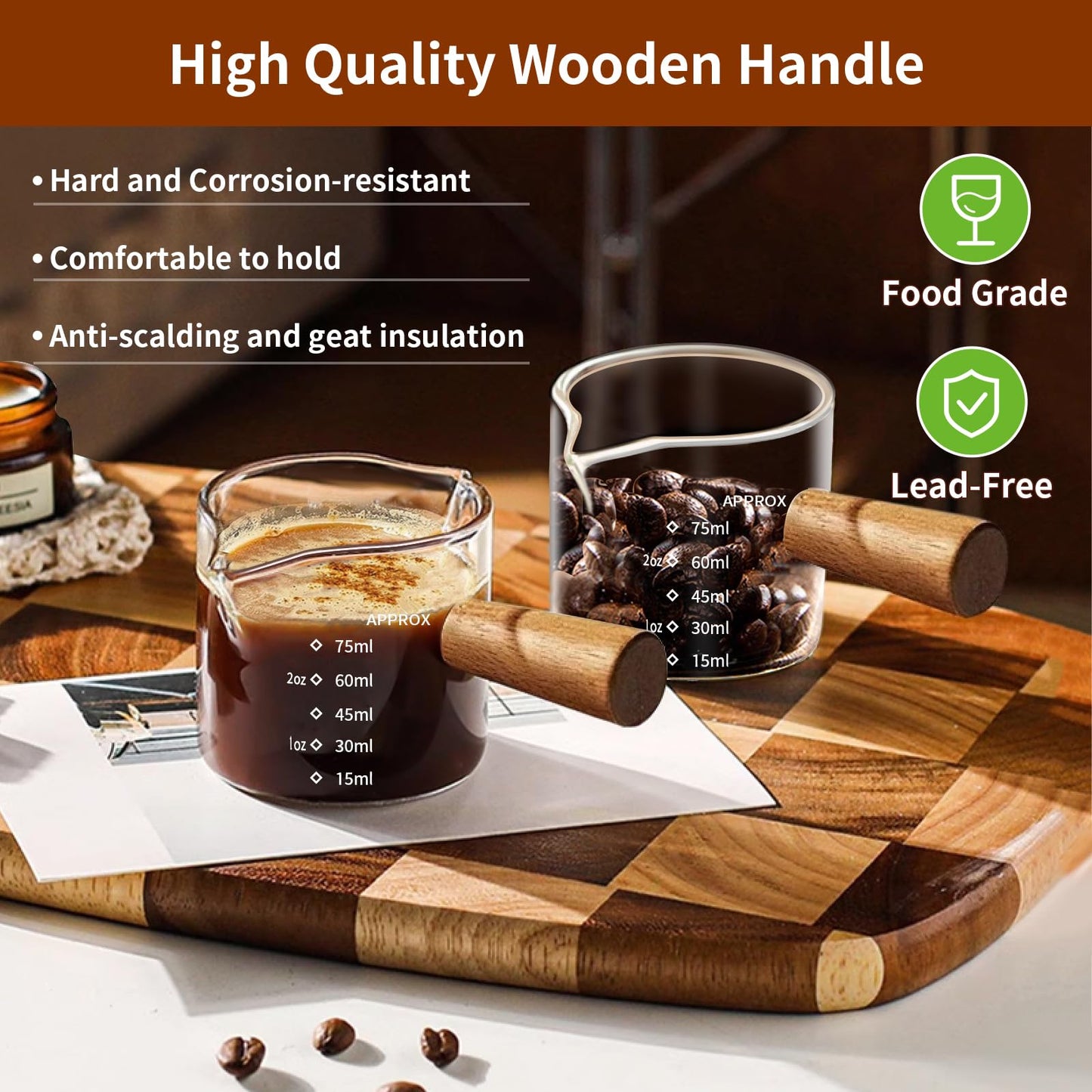 YARRAMATE 2.5 oz/75ML Espresso Cups with Wood Handle, Clear Glass Espresso Accessories, Double Spout Measuring Cup with Dual Scale, Espresso Shot Glass with V-Shaped Spout, Dishwasher Safe