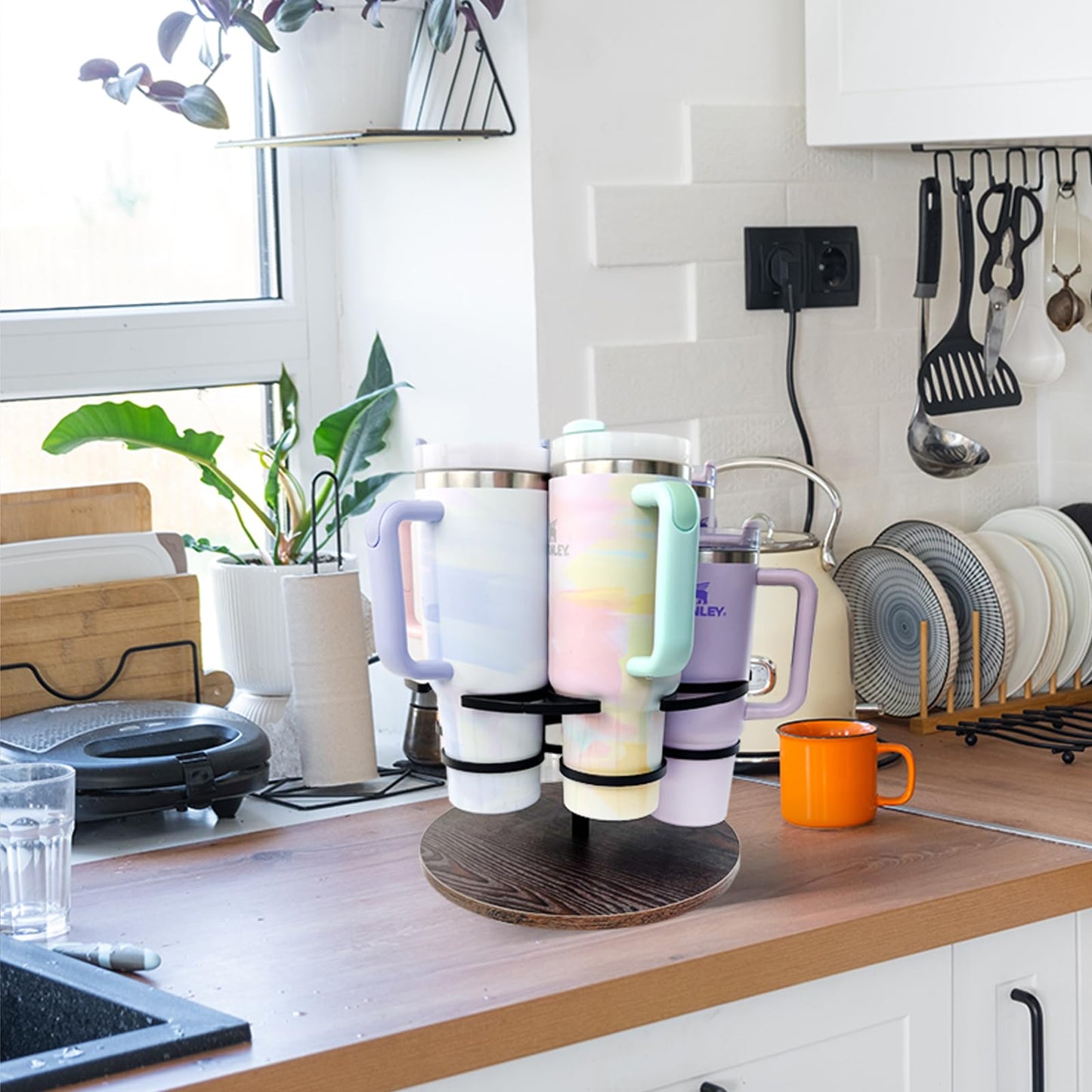 Tumbler Organizer,Ctancifang Rotating Stanley Cup Holder for Cabinet Fits 6 Bottles (40/30 oz), Stanley Organizer with Portable Handle for Kitchen, Camping, Parties,Easy to Grab Cup,Easy to Carry