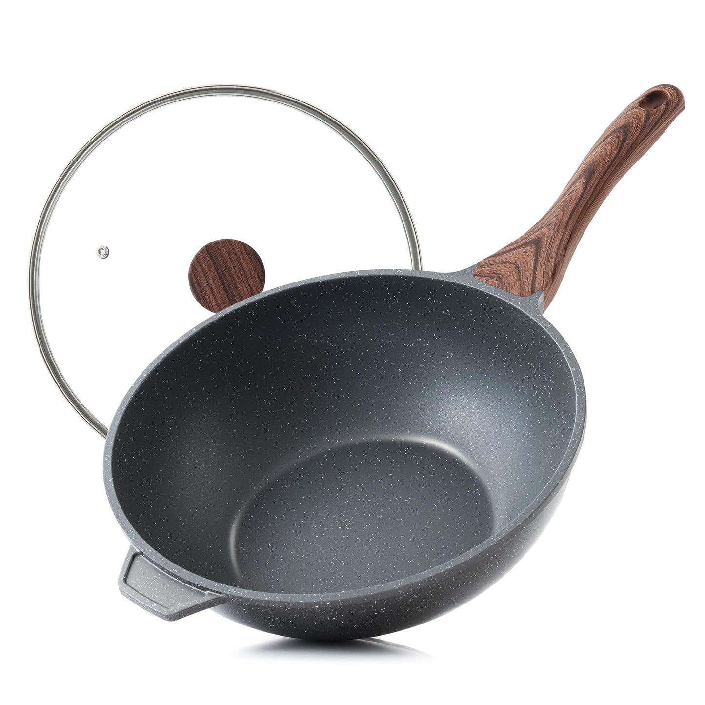 SENSARTE Nonstick Wok Pan with Lid 11-inch, Healthy Stir-fry Pan Induction Cookware with Swiss Granite Coating, Deep Frying Pan Skillet with Stay-cool Handle, PFOA Free