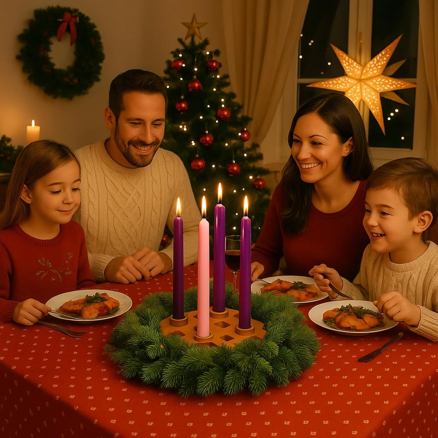 Mumufy Advent Candle Holder Set - 5 Pcs Snowflake Wooden Centerpiece with Purple & Pink Taper Candles