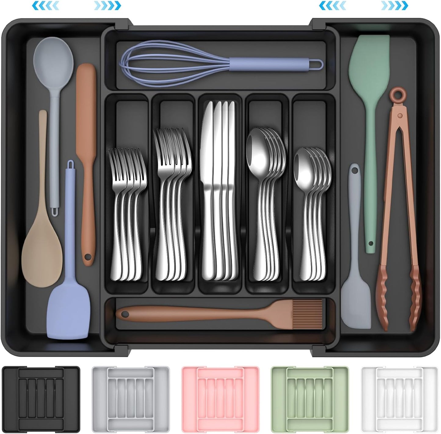 Ukeetap Extra Large Expandable Silverware Organizer - BPA-Free Kitchen Utensil Drawer Holder | Adjustable Black Design