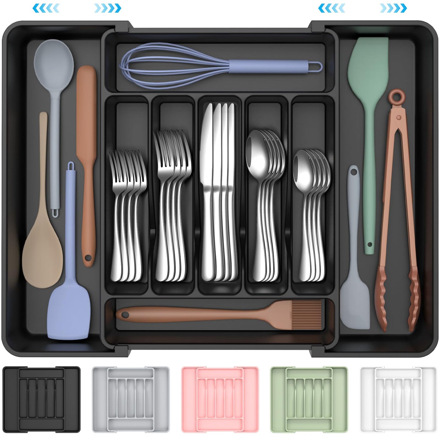 ukeetap Extra Large Expandable Silverware Organizer, BPA-Free Food-Safe Cutlery Flatware Organizer, Kitchen Utensil Drawer Organizer, Adjustable Silverware Holder for Spoons Forks Knives