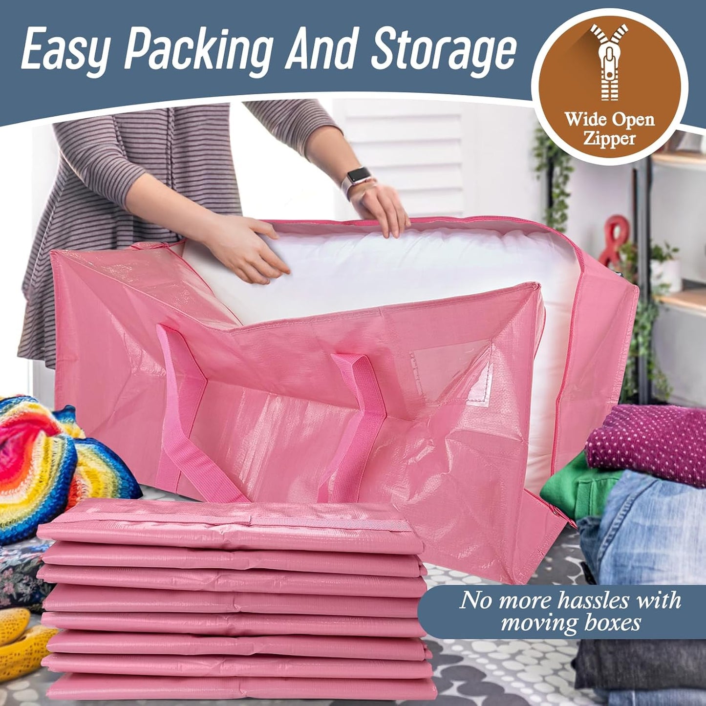 Skiennix 6 Pack Extra Heavy Duty Moving Bags - Strong Zipper & Comfortable Handles | Durable Pink Storage Totes