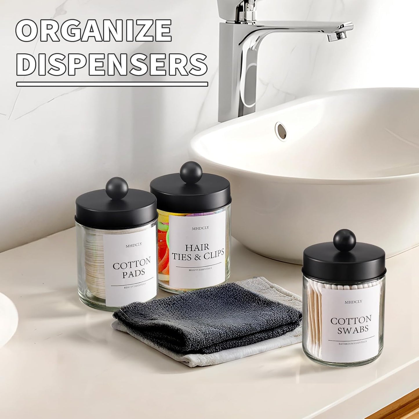 Skiennix Bathroom Organizers - 4 Pack Stylish Storage Accessories for Home Decor | Black Lids