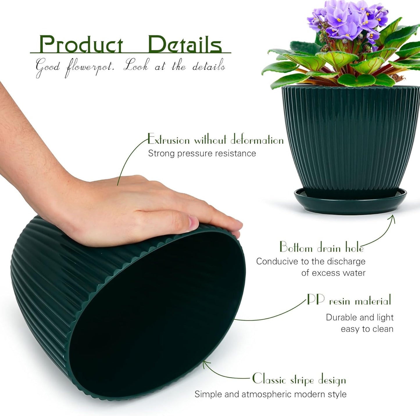 Skiennix Indoor Plant Pots - 6 Pack Plastic Planters with Saucers & Drainage - Dark Green, Various Sizes (3.5"-7.5")