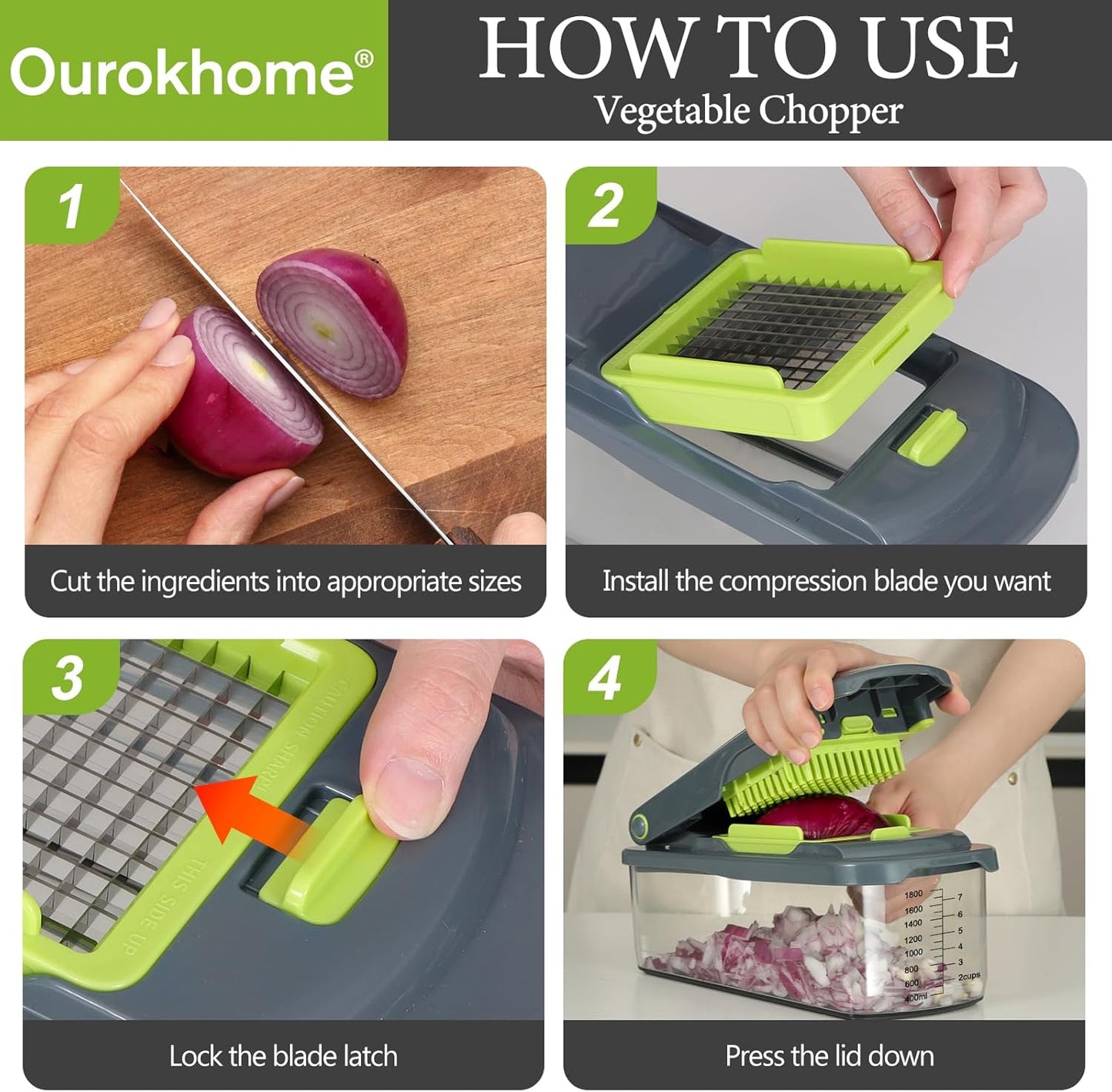 Ourokhome Veggie Chopper & Dicer - 12-in-1 Manual Food Mandolin Slicer for Zucchini, Potato & Onion - Gray