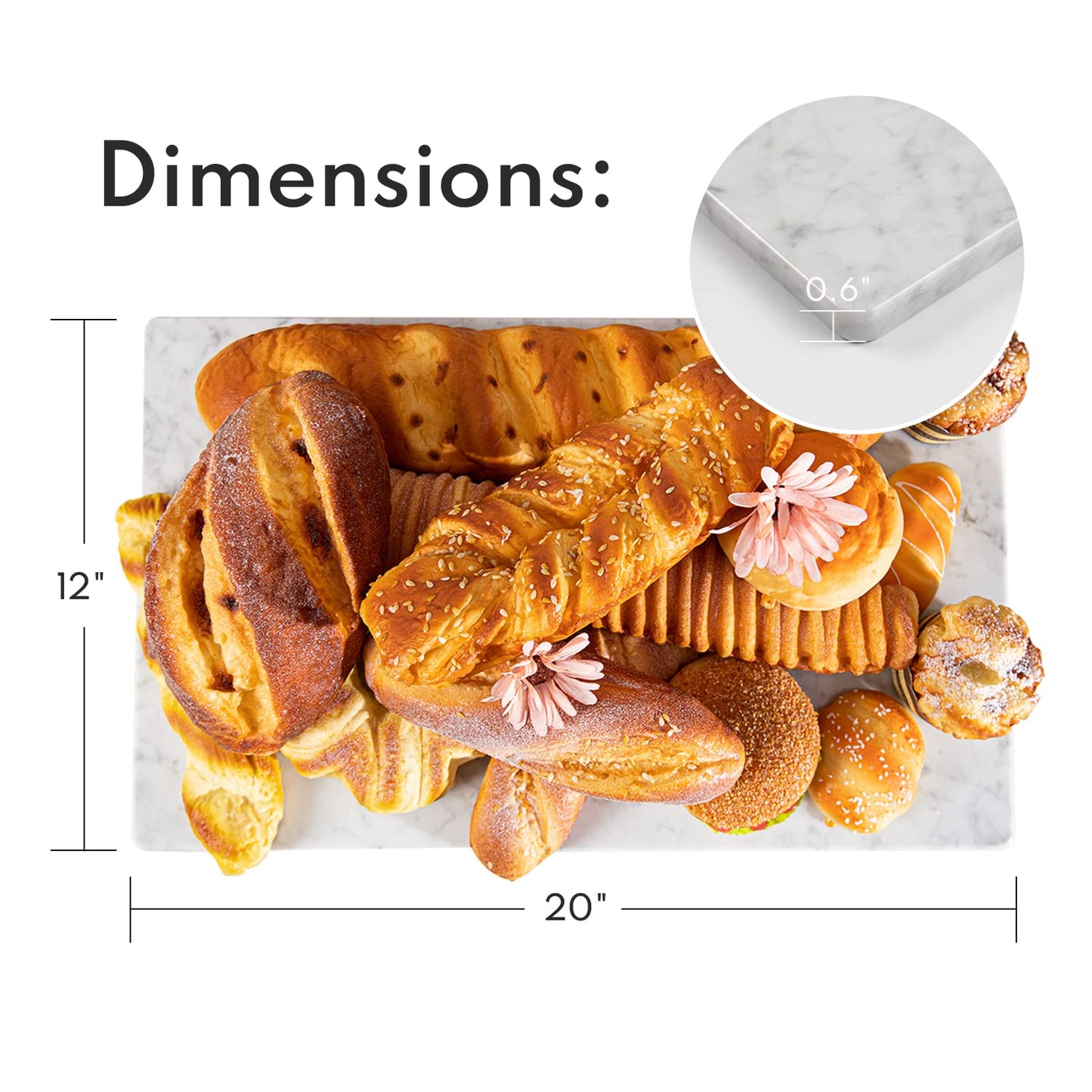 Lovdeco Marble Cutting Board, Pastry Board For Kitchen, Carrara White Marble Slab Gift With Non-Slip Feets, 12x20 Inch, 1 Piece