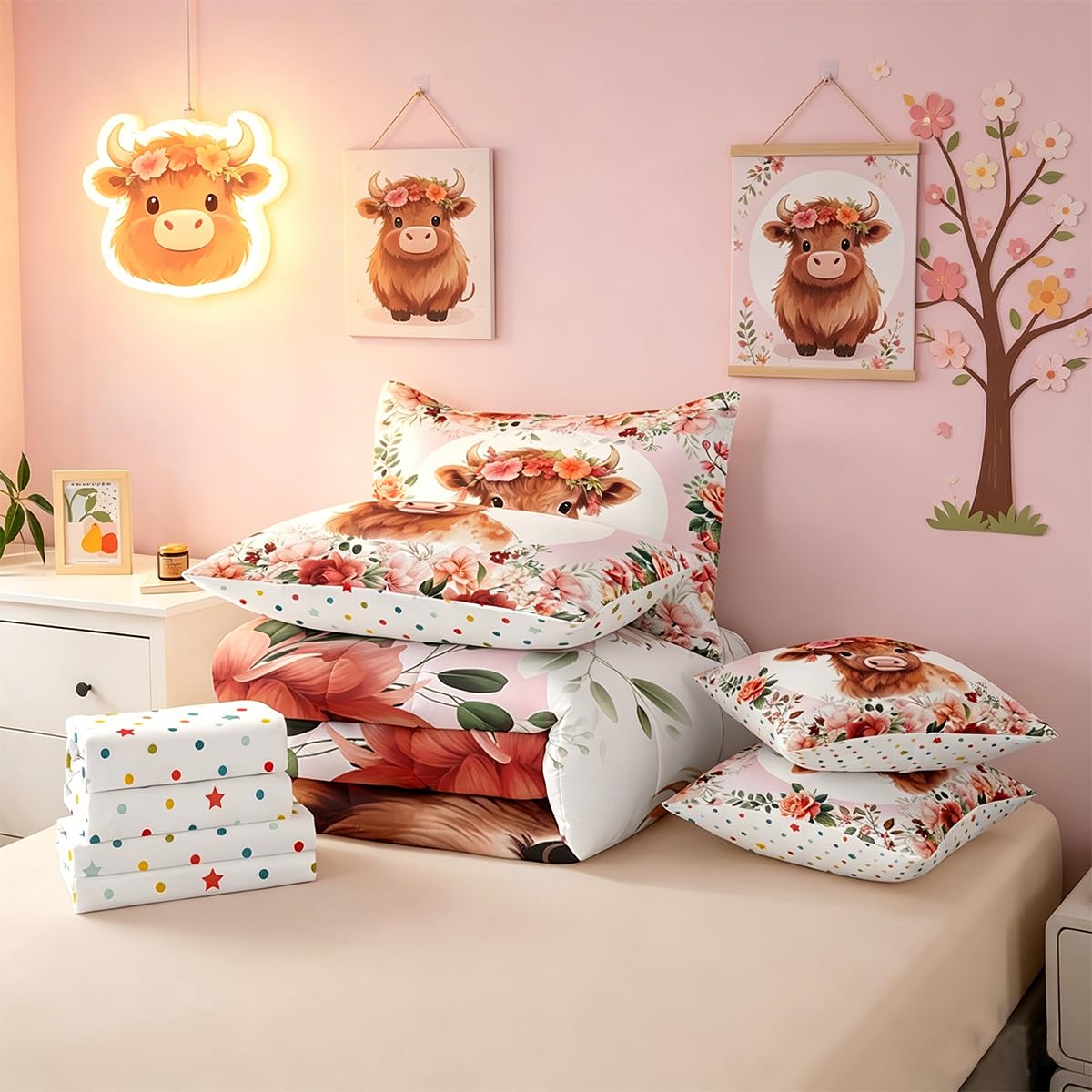 Feelyou Cute Highland Cow Bedding Set Twin Size 7 Pieces Cartoon Animal Comforter Set Flower Floral Print Farm Zoo Garden Theme Bed in a Bag with Comforter, Sheets, Pillowcases & Cushion Cover