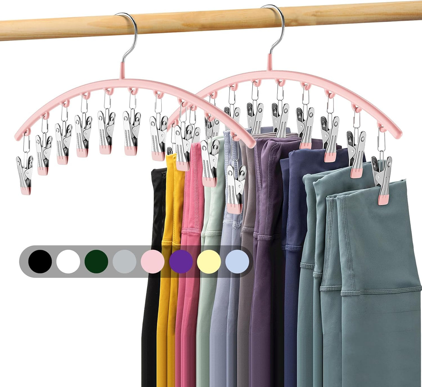 Skiennix Legging Organizer - Space-Saving Metal Yoga Pants Hangers | 2-Pack with 10 Clips, Pink