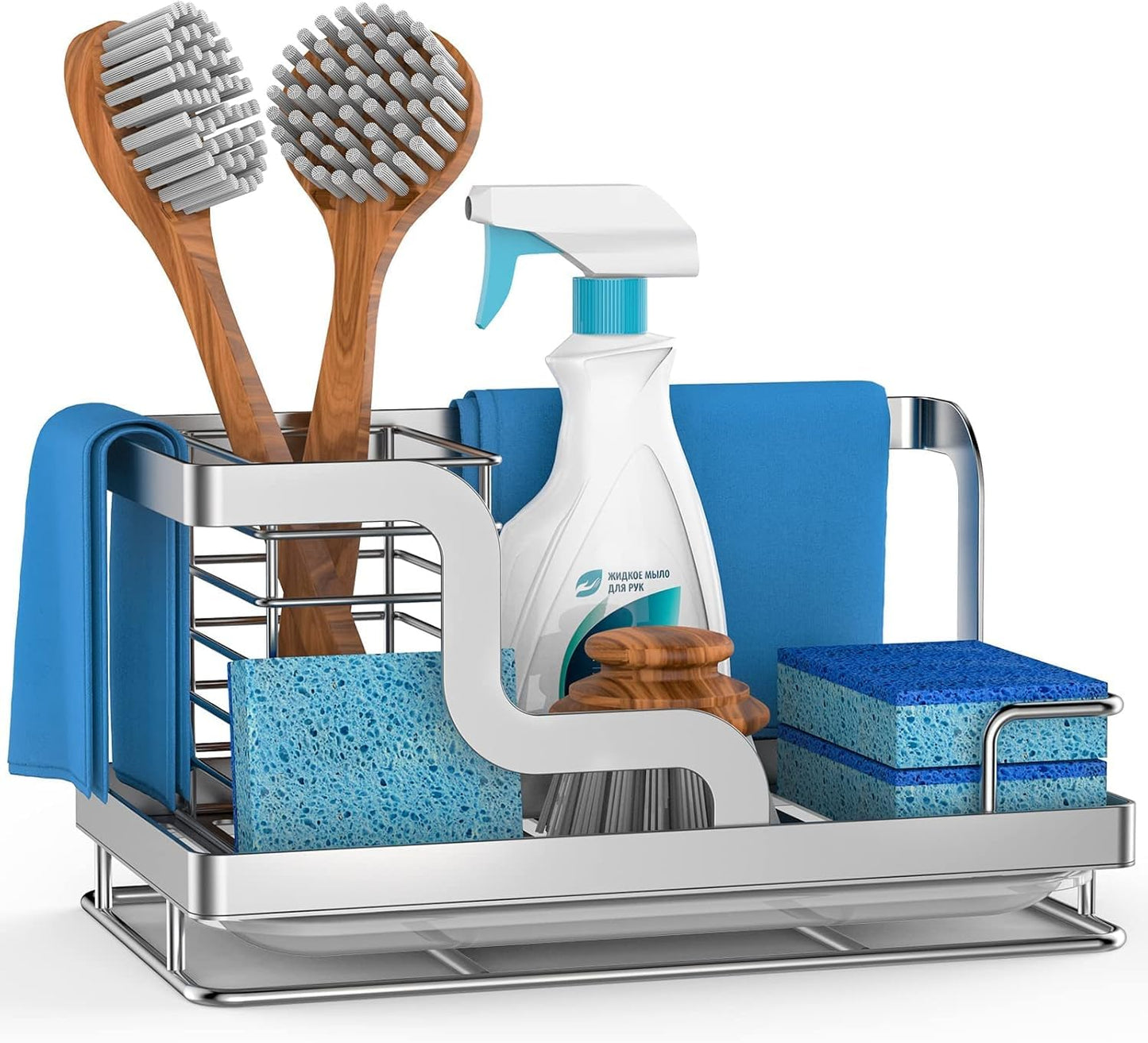 BSKSSK Sink Caddy - Kitchen Sink Organizer with Sponge, Dish Soap, Scrubber & Drain Pan Holder - Black