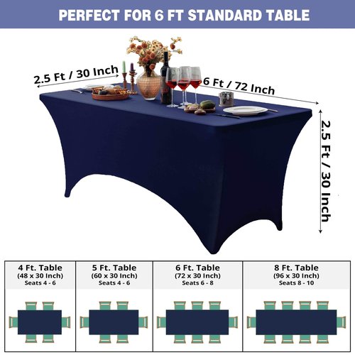 FOLINS&HOME 2 Pack Navy Blue 6FT Fitted Spandex Tablecloth, Waterproof Wrinkle Free Elastic Table Cover for 6 Foot Rectangle Tables Stretch Table Cloth for Weddings, Banquets, Parties (2 Pcs)
